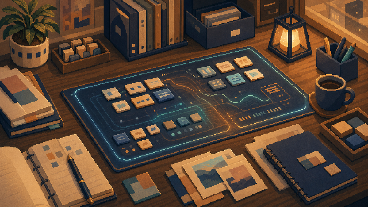 Warm pixel-art Bravent desk scene showing deeper rhythm control as a calm abstract surface