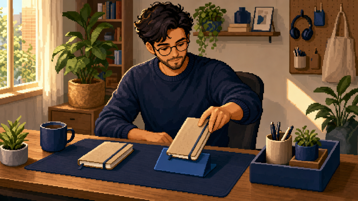 Pixel-art creator choosing between two notebooks and placing one on a blue cue at a warm desk