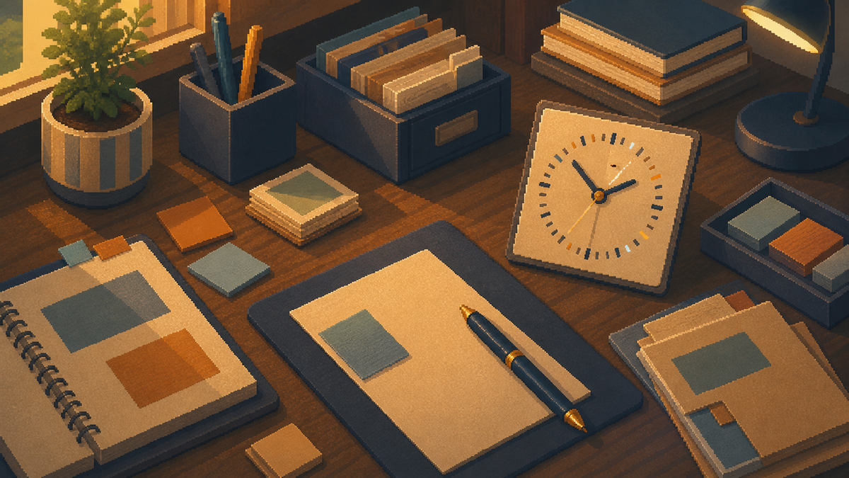 Warm pixel-art Bravent desk scene with a quiet analog clock surface near the work