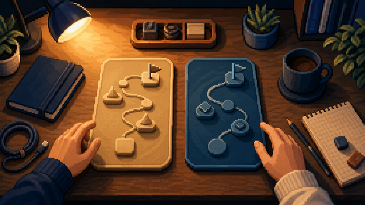Warm pixel-art desk scene showing two abstract Rhythm Deck starting paths