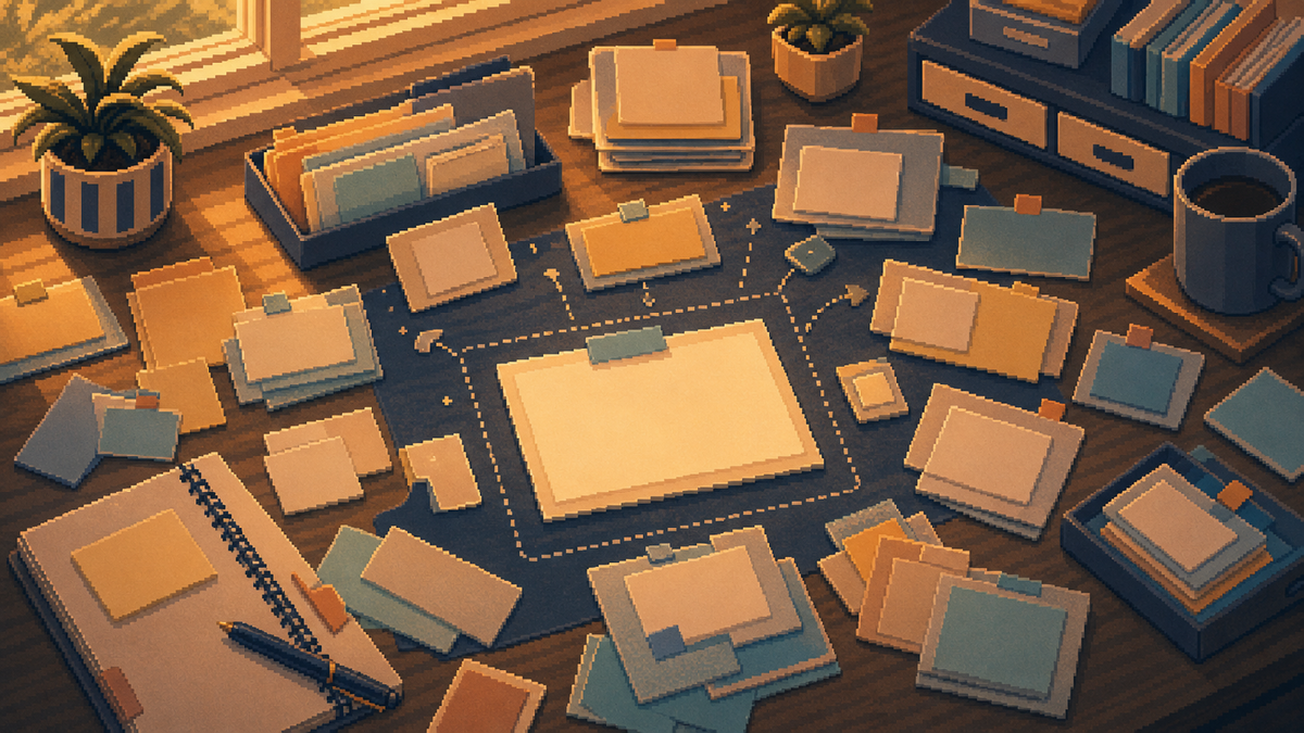Warm pixel-art Bravent desk scene showing scattered windows returning to a clear workspace