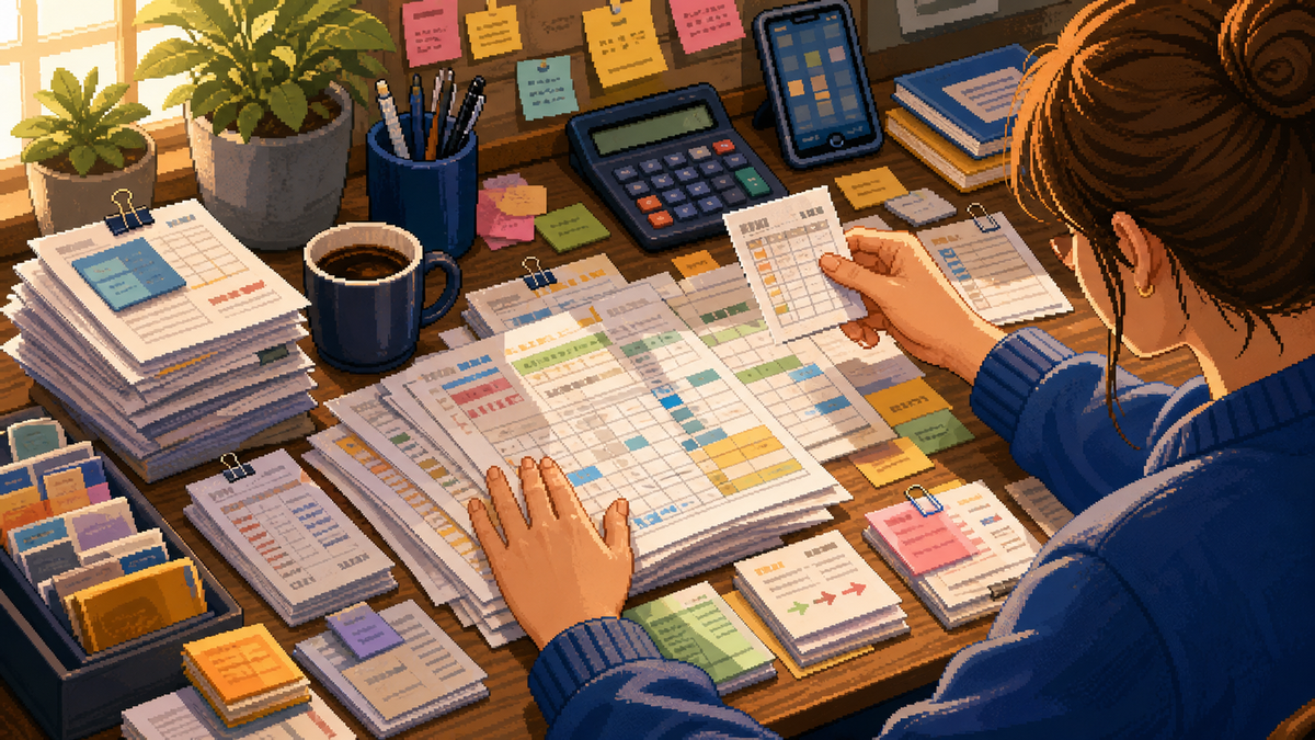 Pixel-art desk scene showing spreadsheet repetition as small action notes around a worksheet