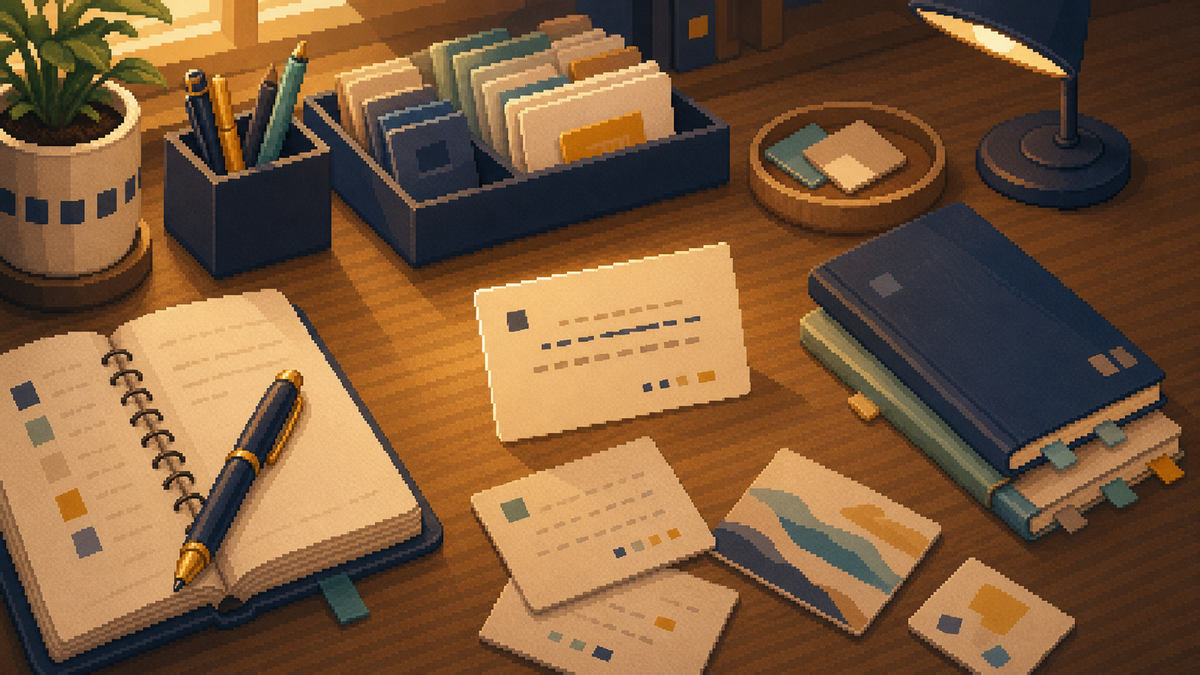 Warm pixel-art desk scene with small unreadable quote cards for Bravent Random Quote
