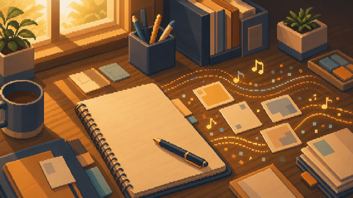 Warm pixel-art Bravent desk scene with abstract music cues close to the work surface