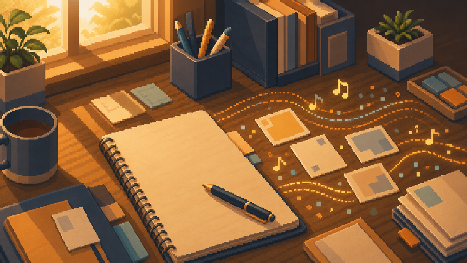 Warm pixel-art Bravent desk scene with abstract music cues close to the work surface