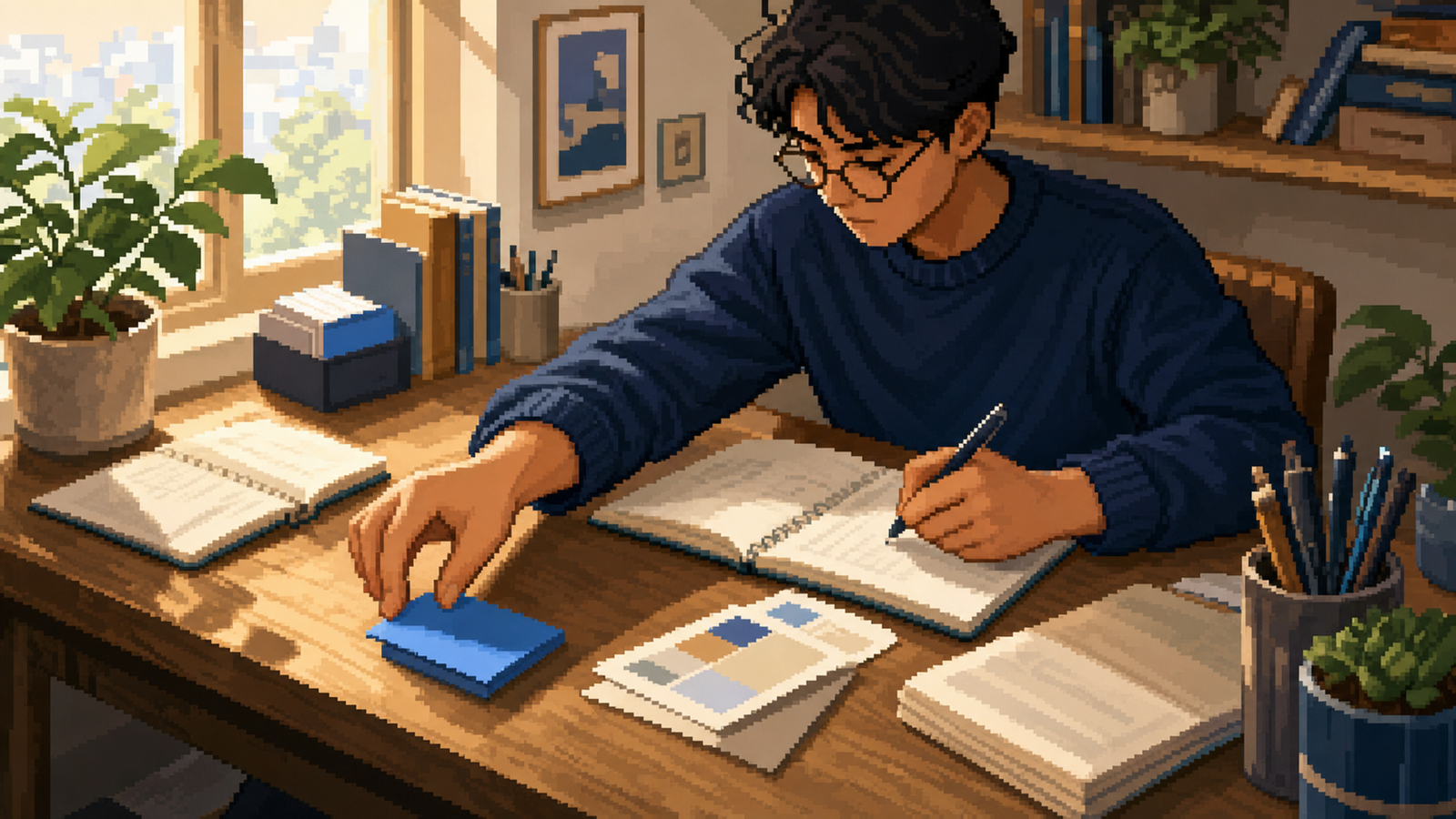 Pixel-art creator using a familiar repeated cue while working at a warm desk