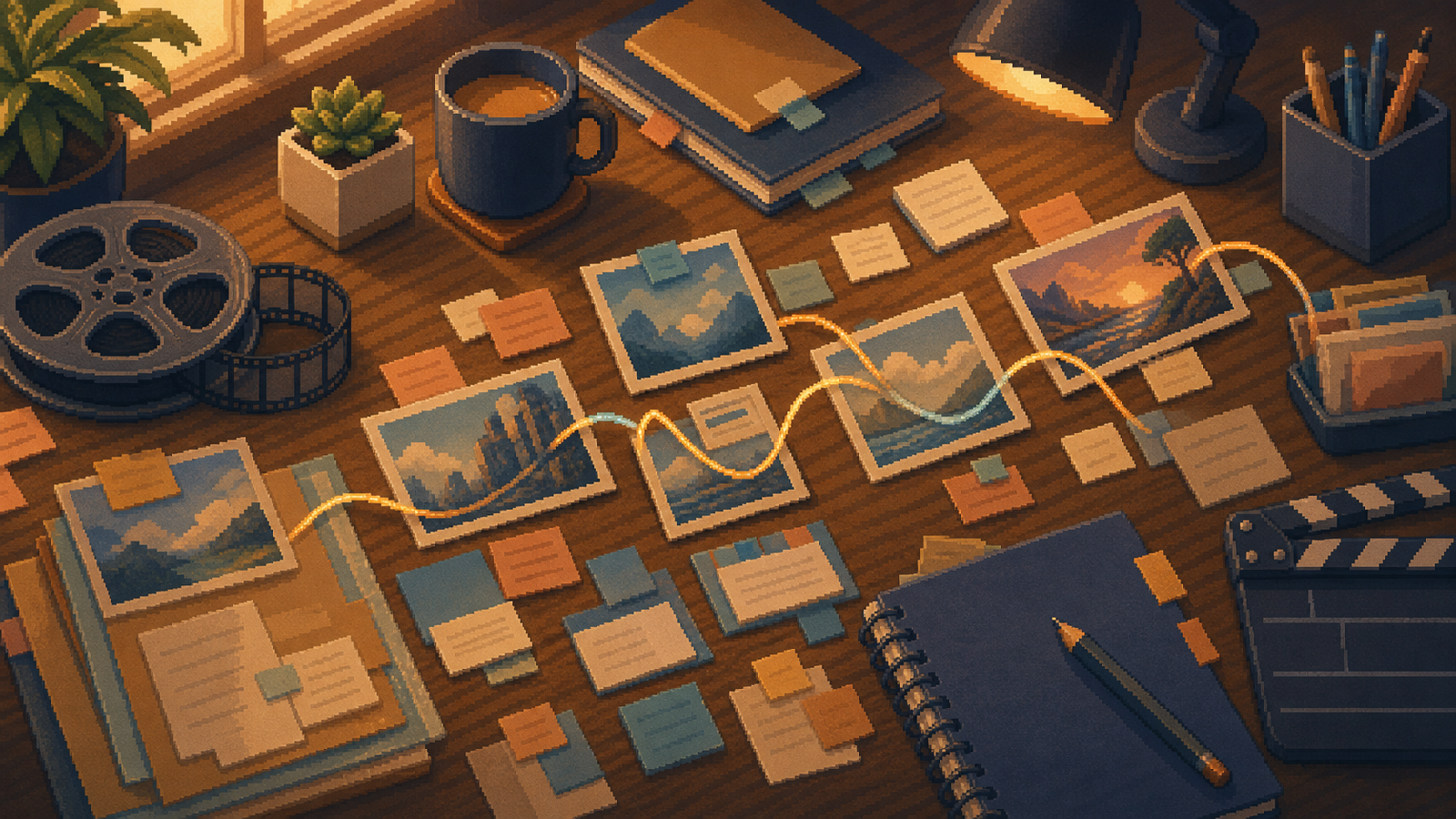 Warm pixel-art Bravent desk scene with abstract editing cards kept close to a creative thread