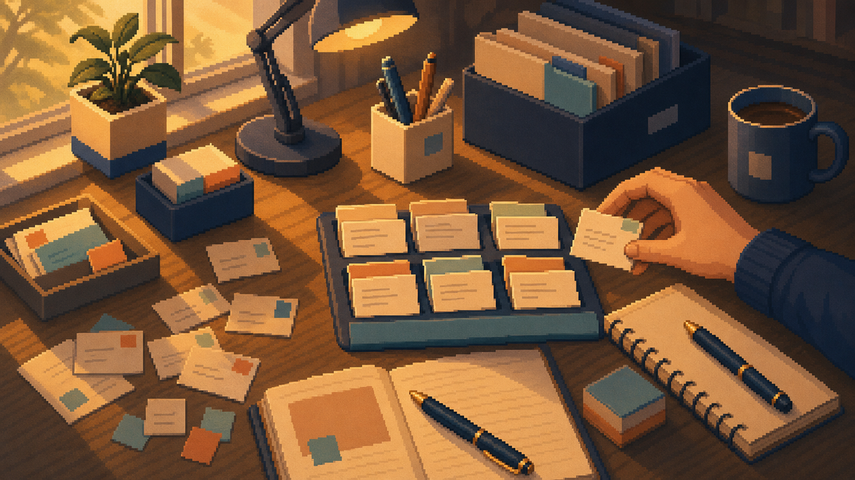 Warm pixel-art Bravent desk scene showing repeated text cards kept within reach