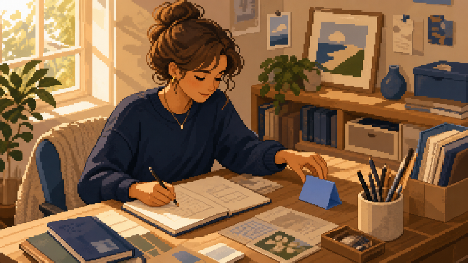 Pixel-art creator at a warm desk with a blank blue next-step cue beside the work
