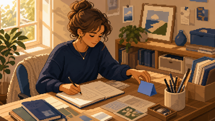 Pixel-art creator at a warm desk with a blank blue next-step cue beside the work