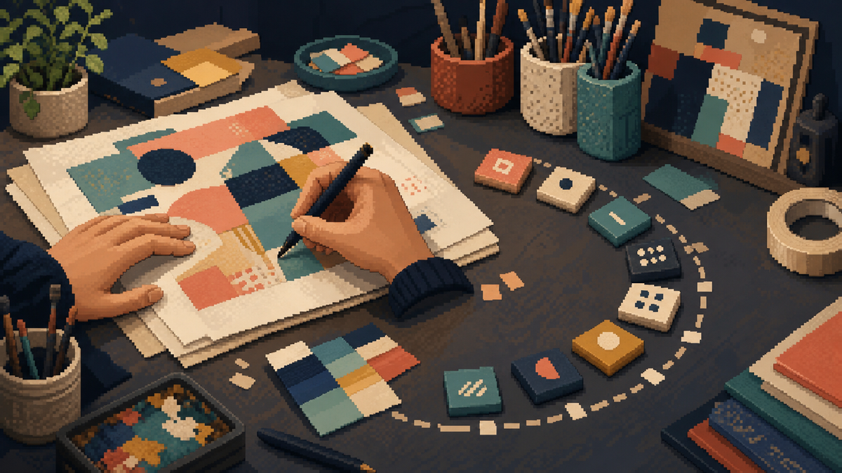 Pixel-art creator desk with hands building an abstract collage while blank geometric command tokens curve close to the work.