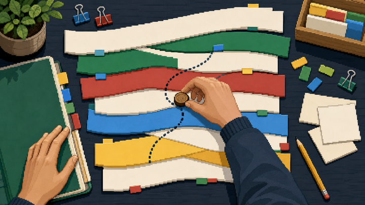 Pixel-art desk with hands moving a wooden marker across staggered blank paper lanes and tabbed folders.