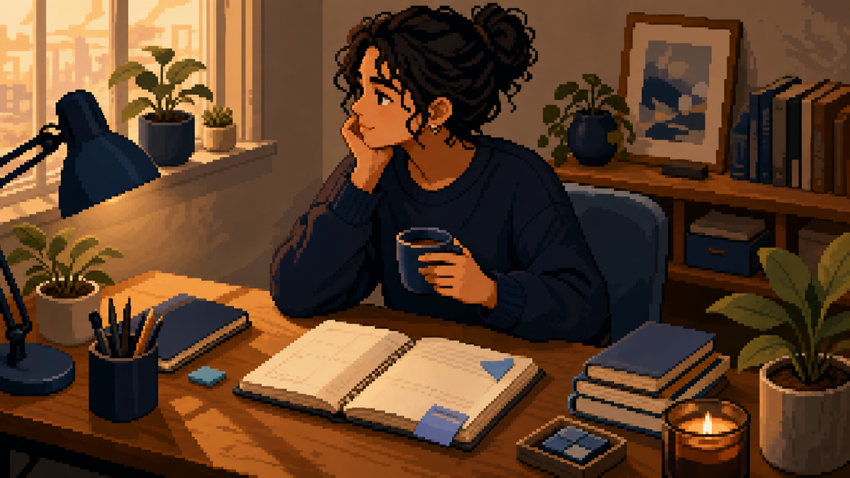 Pixel-art creator pausing at a warm desk where blue markers keep the current task visible