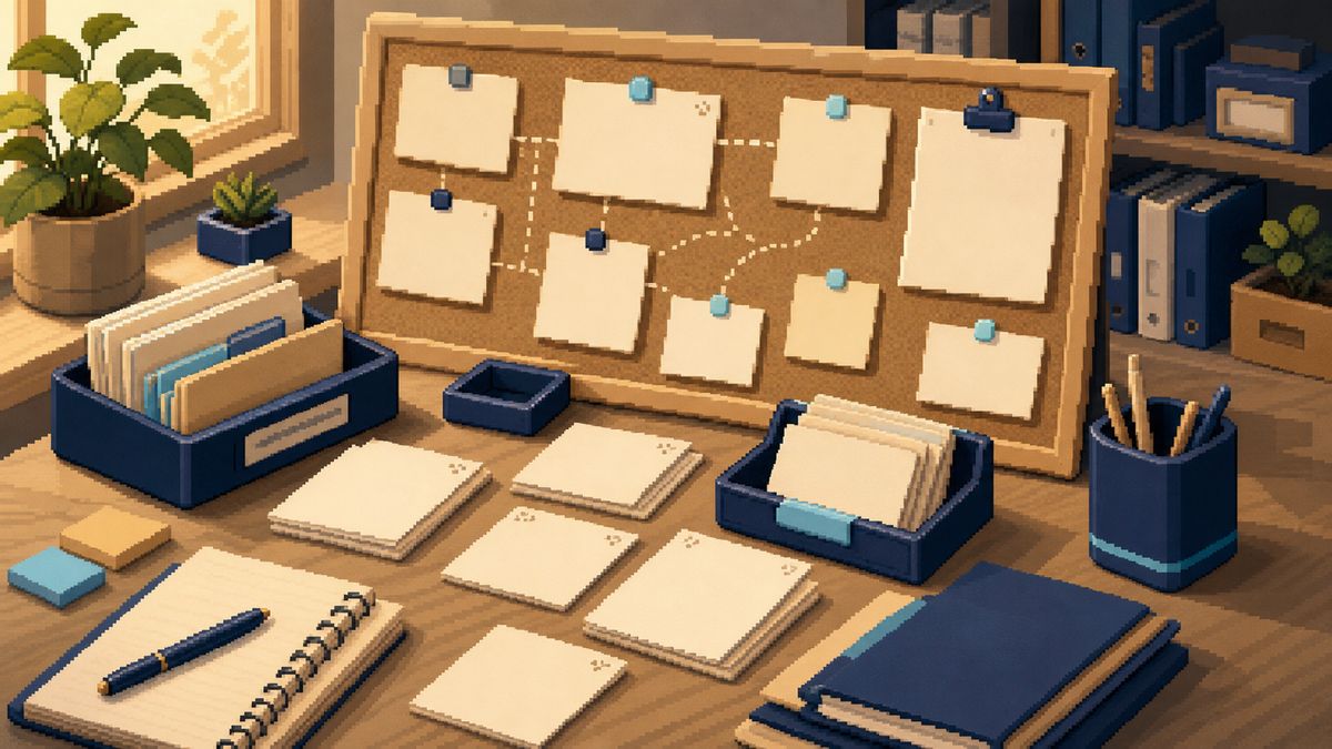 Warm pixel-art Bravent desk scene showing abstract software change notes kept visible