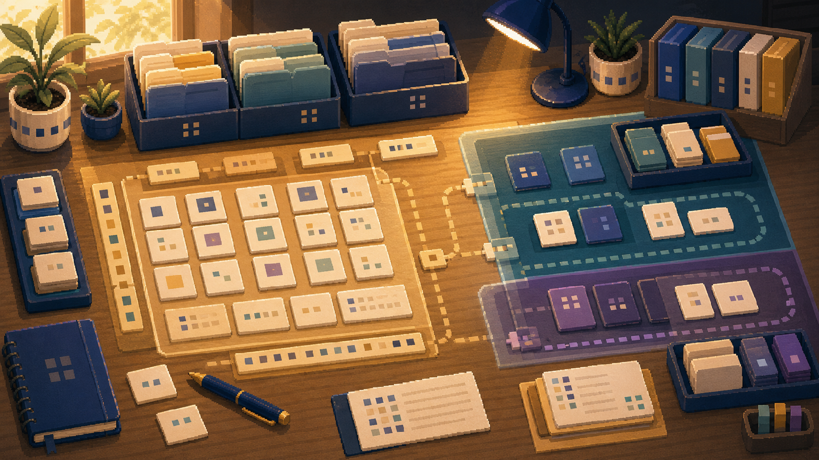Warm pixel-art Plugin Center workbench with organized plugin paths and access zones