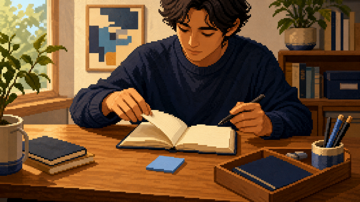 Pixel-art creator beginning work at a warm desk with a blank blue start cue near an open notebook