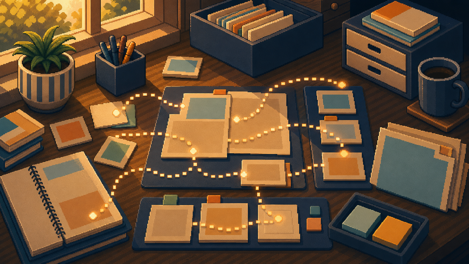 Warm pixel-art Bravent desk scene showing repeated pointer paths as a calm work rhythm