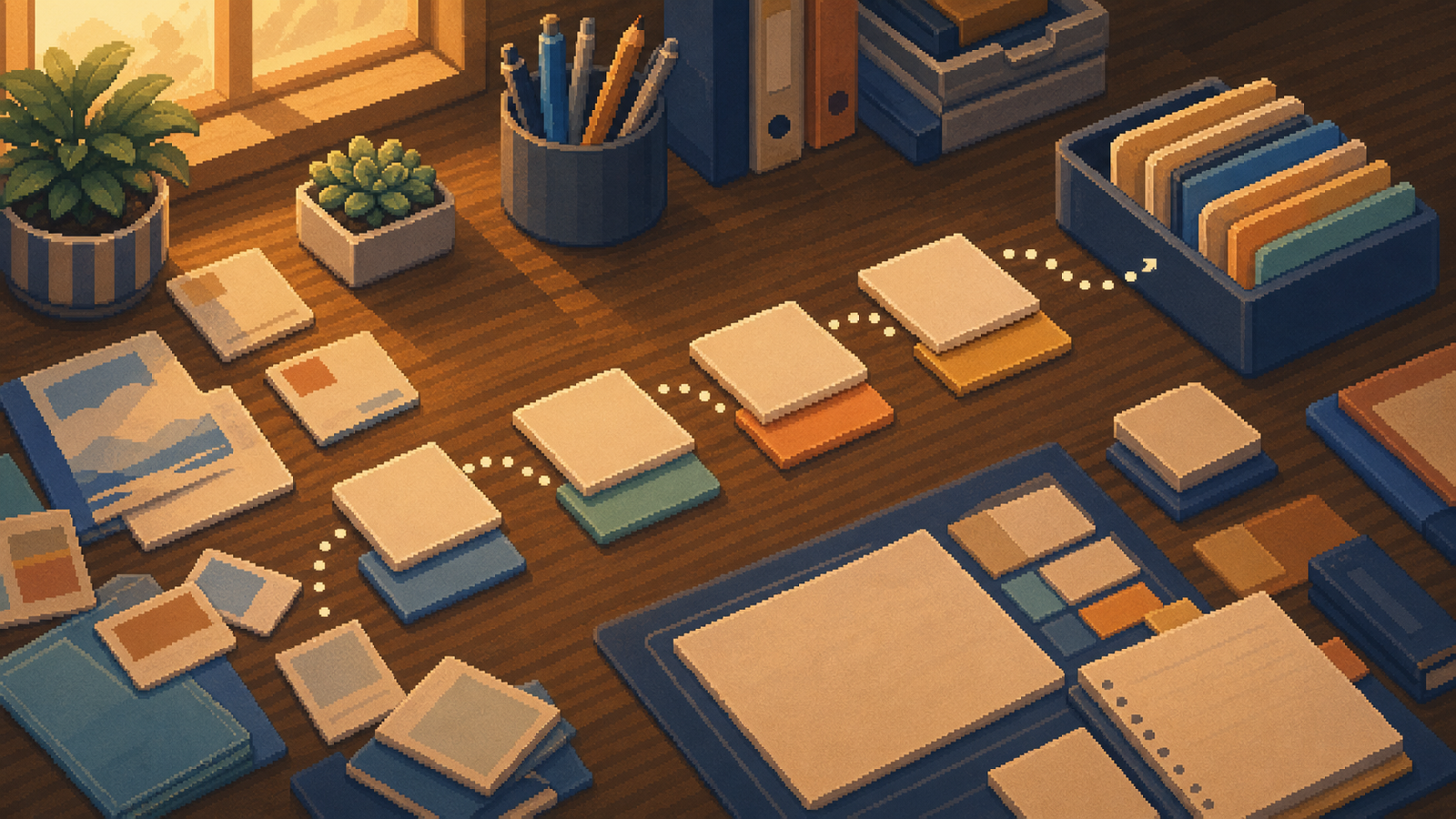 Warm pixel-art Bravent desk scene with setup files and guide cards arranged into a clear path