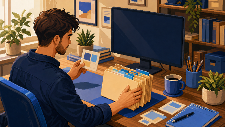 Pixel-art creator at a Windows desk organizing a saved folder plan into a neat folder set