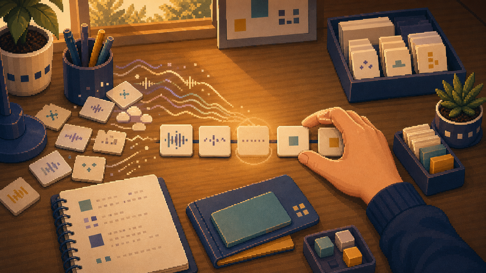 Warm pixel-art desk scene showing a simple control path for Rhythm Basic