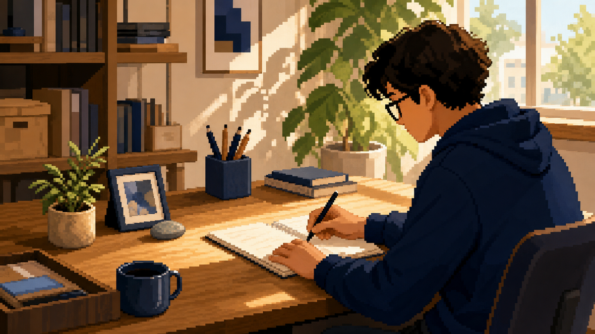 Pixel-art creator working at a warm desk with a personal detail placed beside the task area