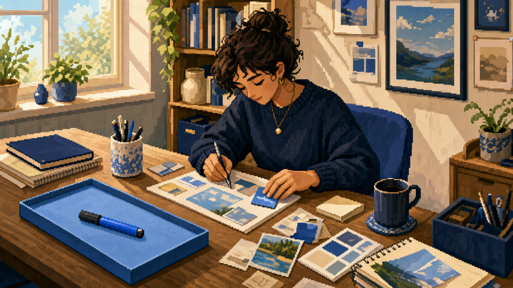 Pixel-art creator working at a warm desk where one blue anchor stays stable while the setup flexes