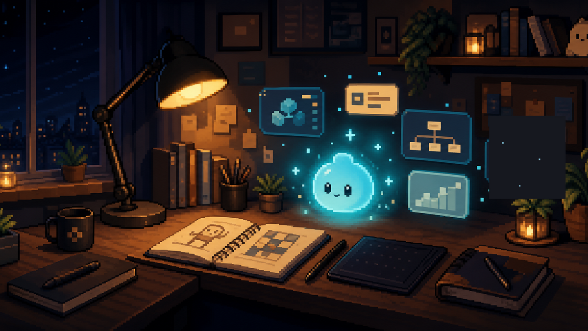 Pixelated lifestyle scene for Bravent AI Sprite Lite