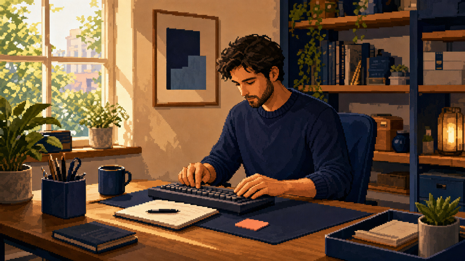 Pixel-art creator working at a warm navy desk with a visible blank priority cue near the keyboard