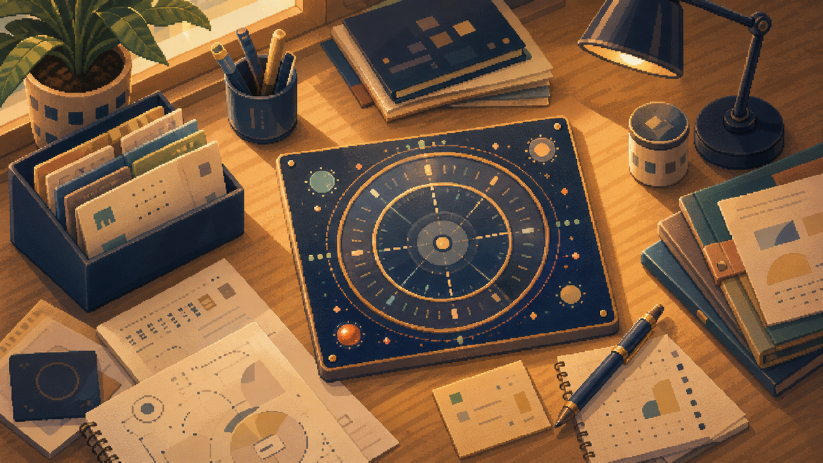 Warm pixel-art desk scene showing a detailed Clock Pro time surface as a calm metaphor
