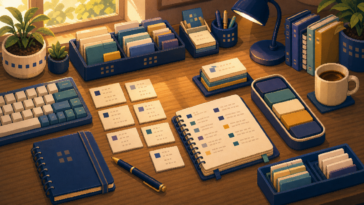 Warm pixel-art desk scene showing Personal Rhythm through organized repeated actions