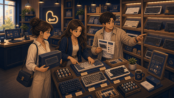 People shopping for keyboards in a Bravent store scene