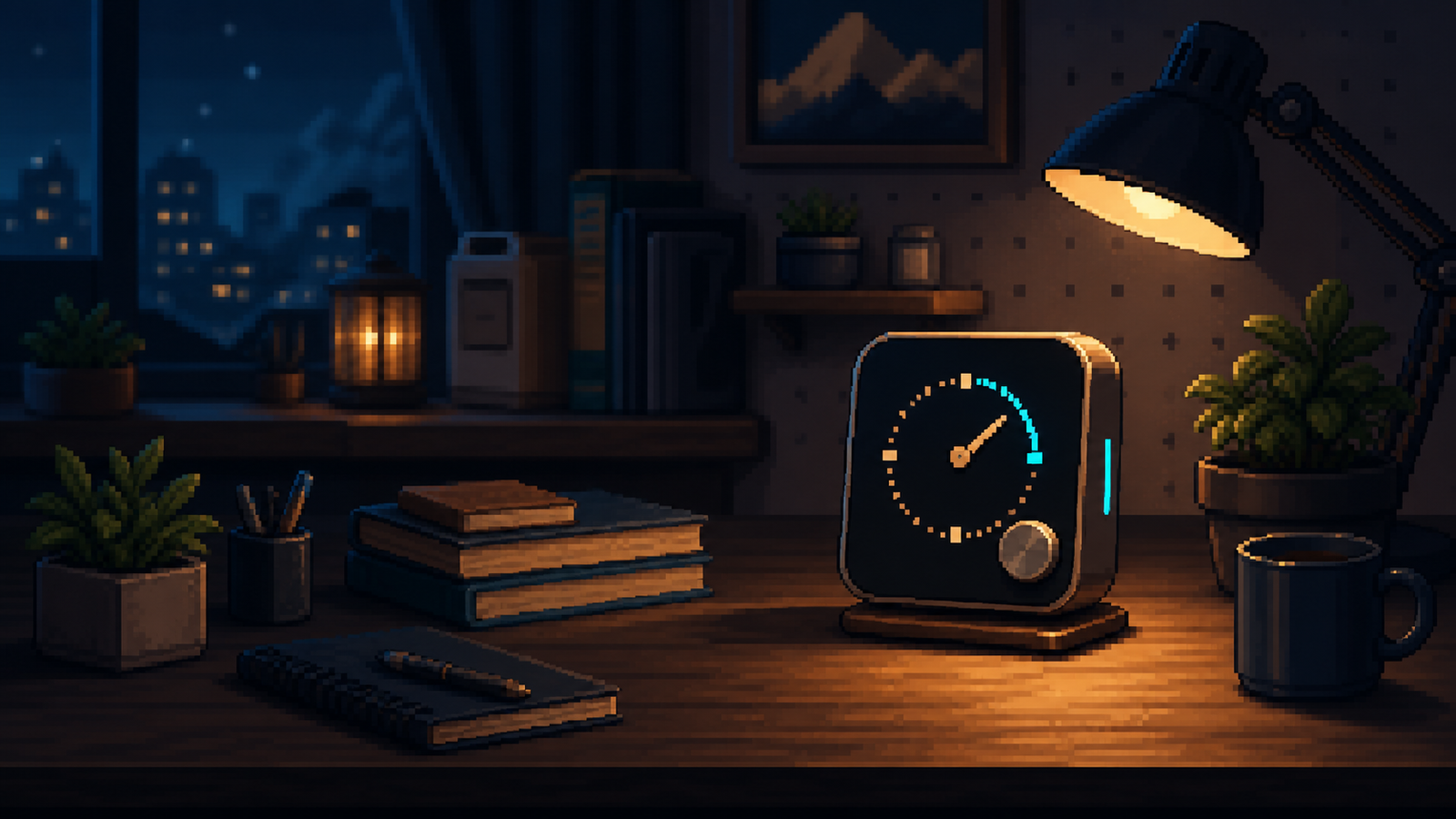 Pixelated warm desk-time concept for Clock Mini Pro
