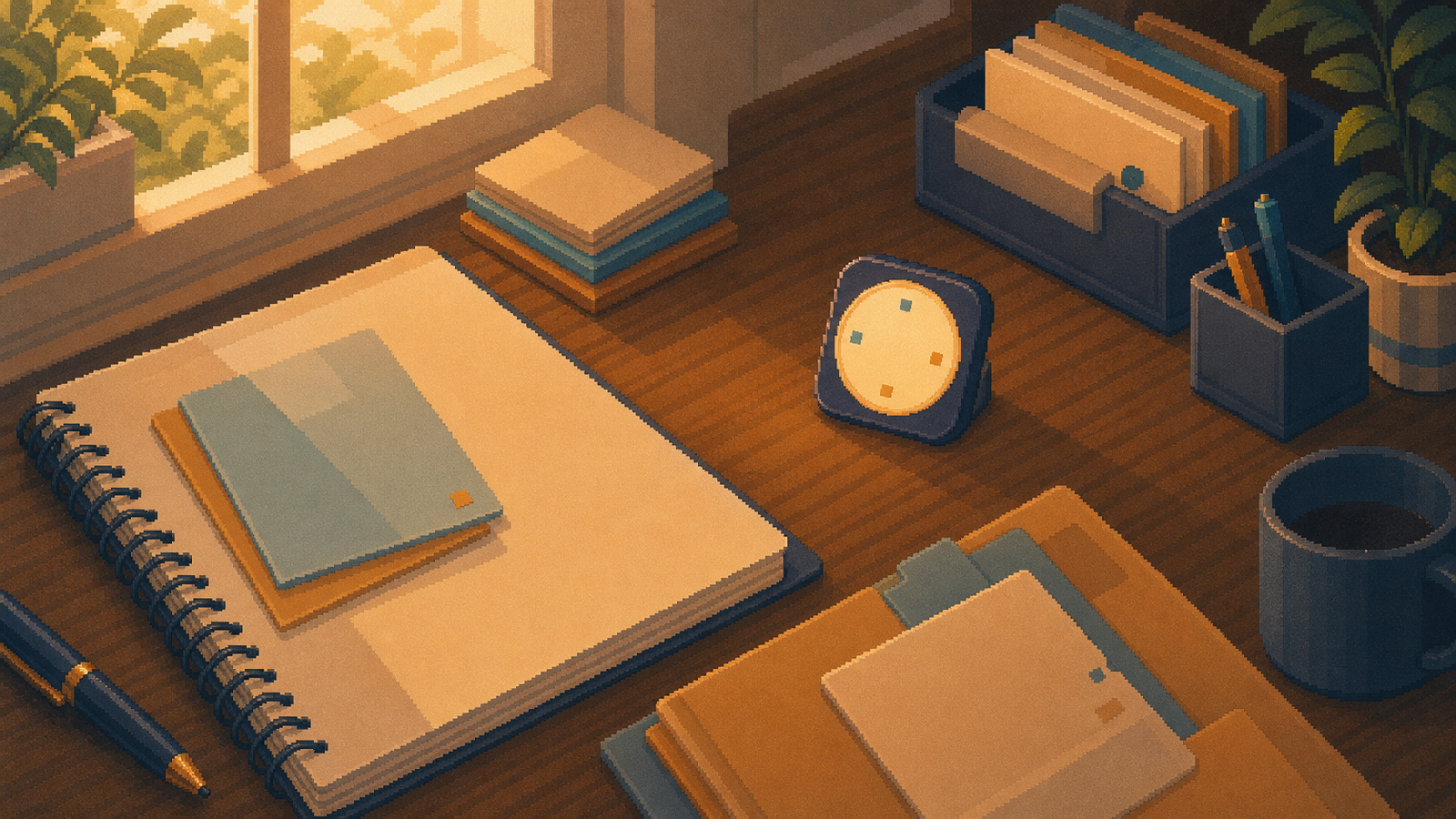 Warm pixel-art Bravent desk scene with a tiny friendly clock surface near everyday work