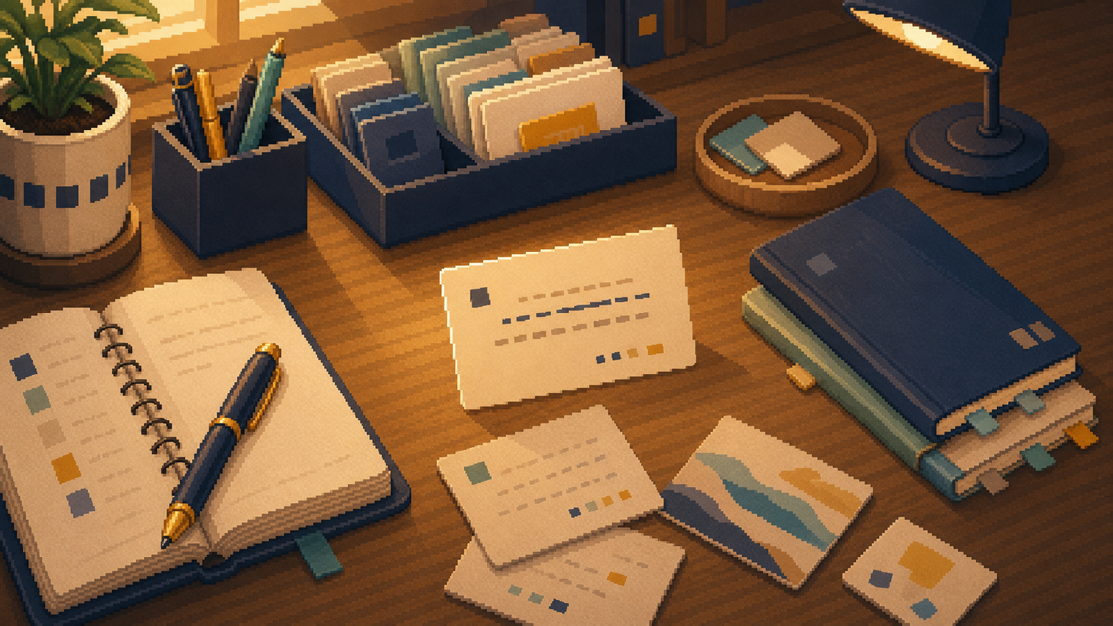 Warm pixel-art desk scene with small unreadable quote cards for Bravent Random Quote