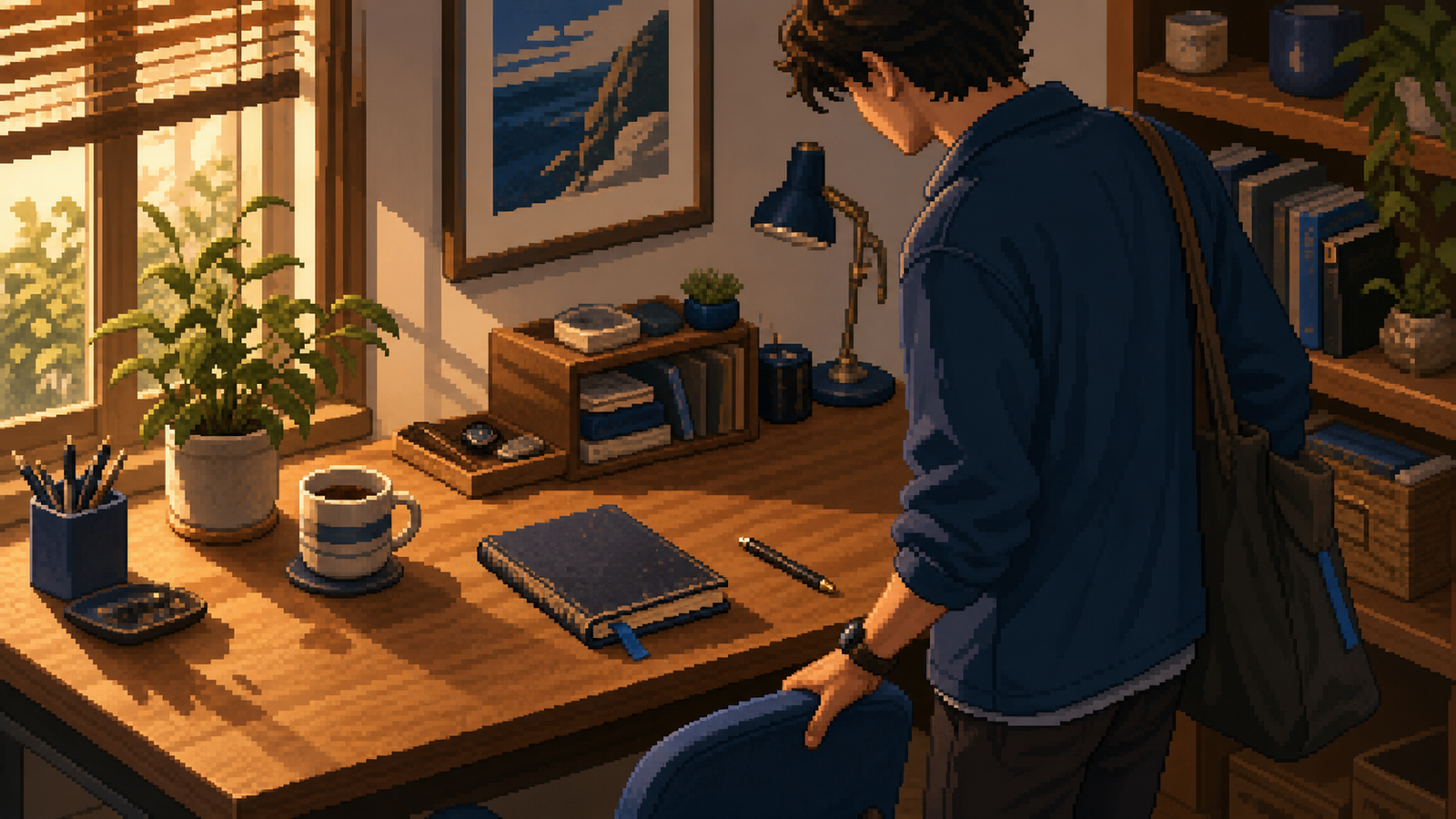 Pixel-art creator returning to a familiar warm desk with personal anchors in place