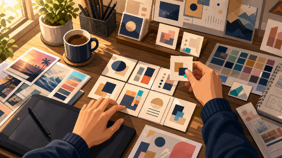 Pixelated creator desk scene showing creative actions, color cards, and visual workflow materials