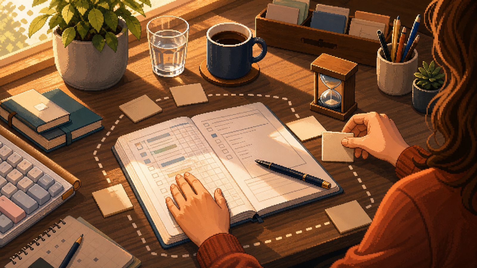 Pixelated Bravent desk scene about returning to focus with a simple timer boundary