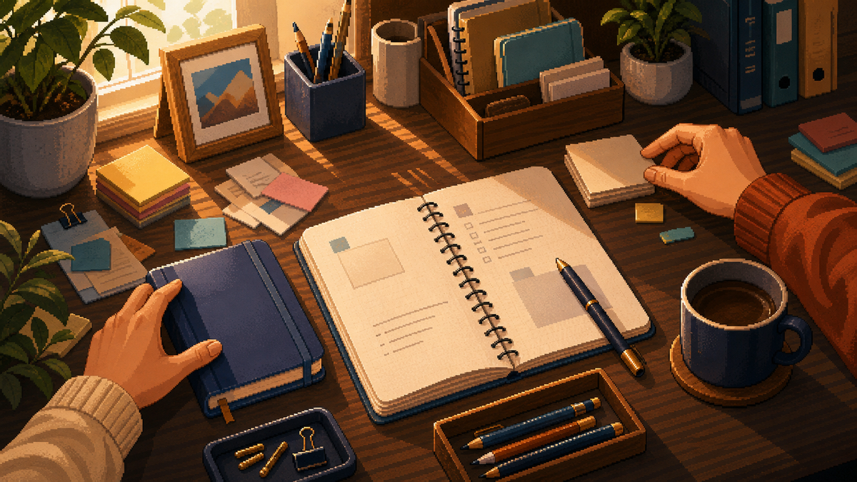 Creator desk scene showing a personal workflow beginning with small intentional choices