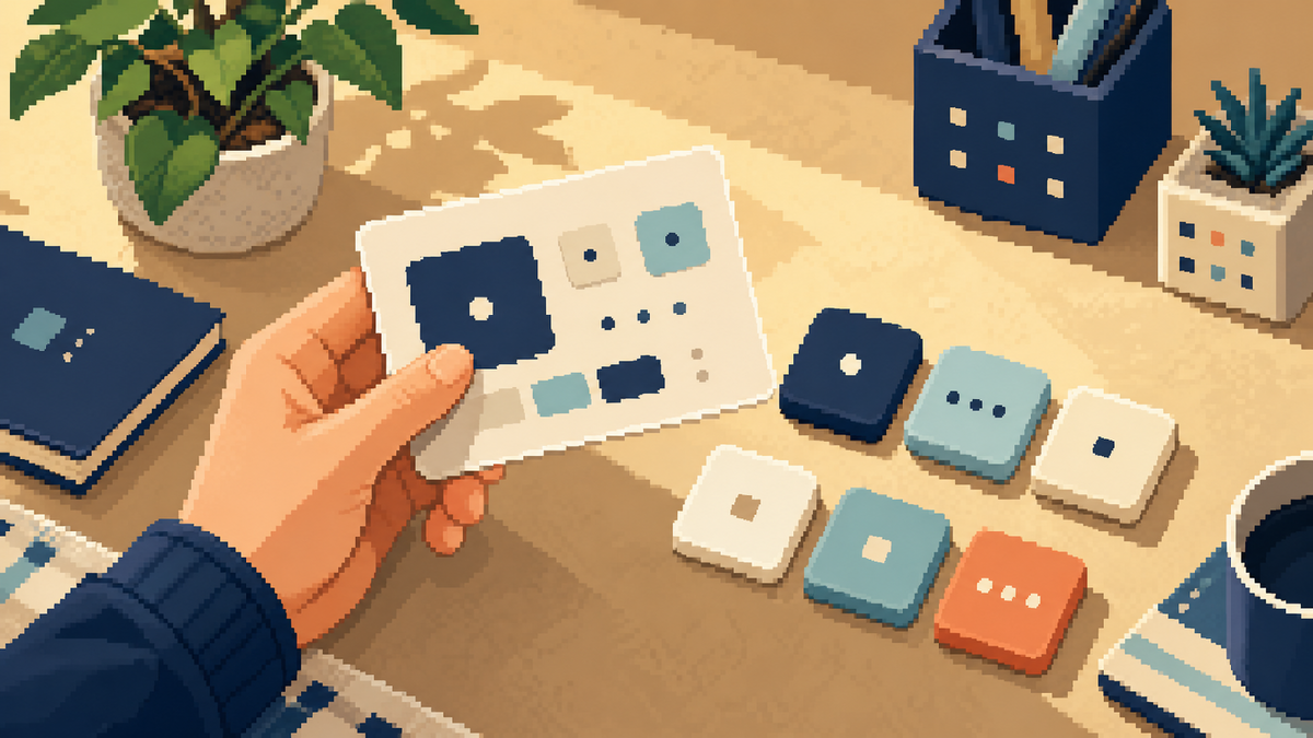 Warm pixel-art desk scene showing button clarity being reviewed through small control notes