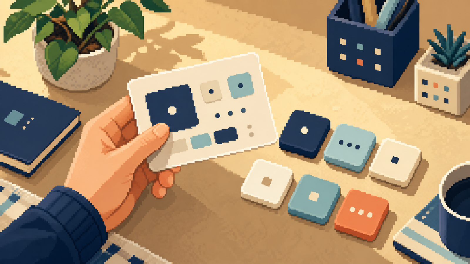 Warm pixel-art desk scene showing button clarity being reviewed through small control notes