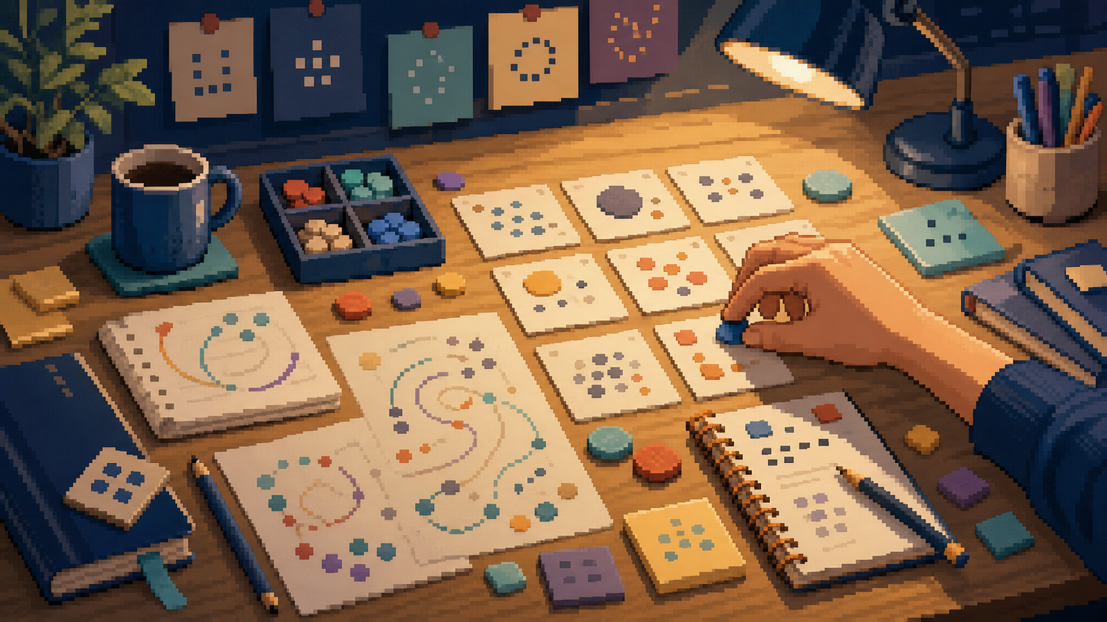 Warm pixel-art research desk scene with abstract game-feel cards and prototype tokens