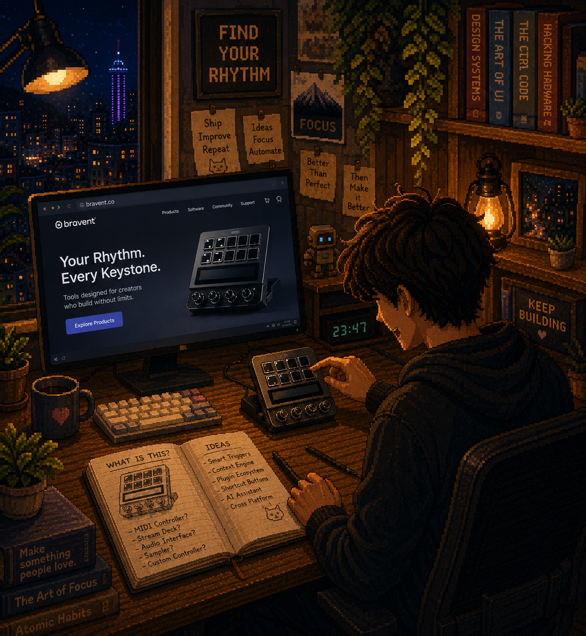 Bravent Plugin Center night desk scene