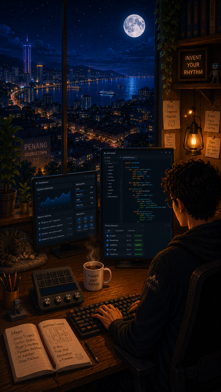 Bravent creator desk scene with Rhythm Deck, keyboard, cat, coffee, and night city view