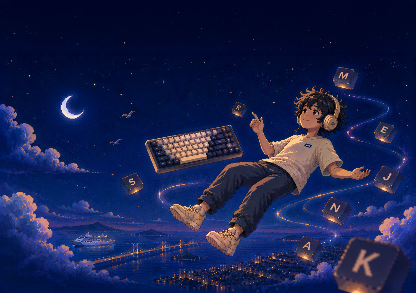 Bravent creator desk scene with Rhythm Deck, keyboard, cat, coffee, and night city view