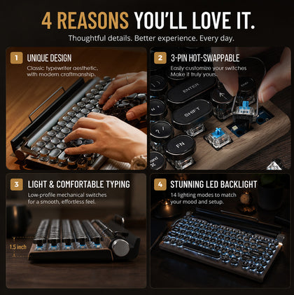 Wireless Keyboard – Bluetooth + Type-C | Typewriter Style, Mechanical Feel