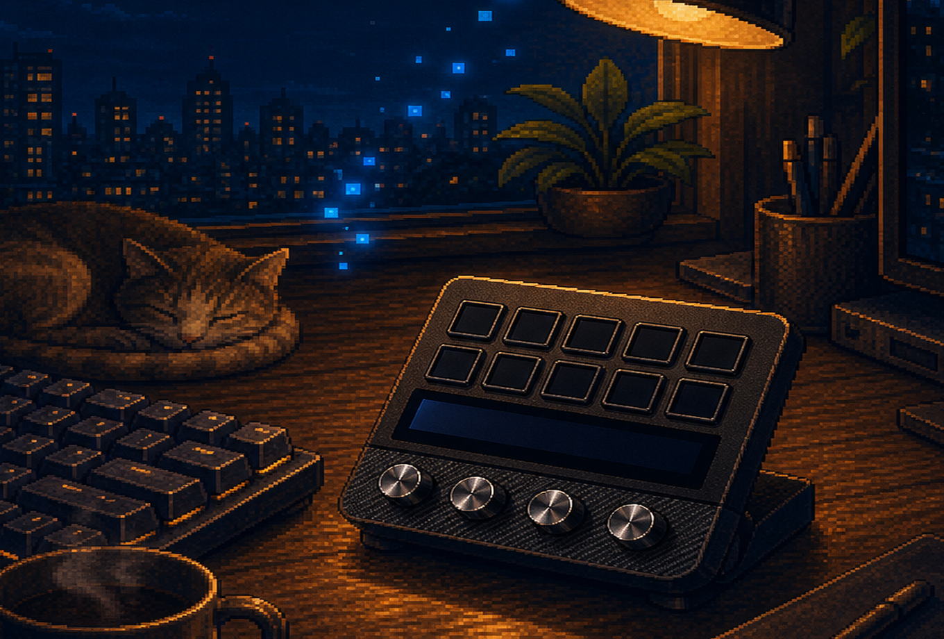 Bravent workflow scene with Rhythm Deck beside keyboard and creator desk lighting