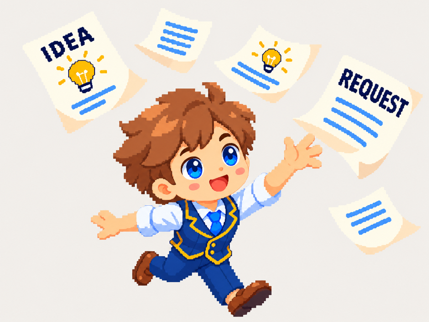 Sixth, the Bravent pixel-art programmer without glasses, catching falling request and idea sheets.